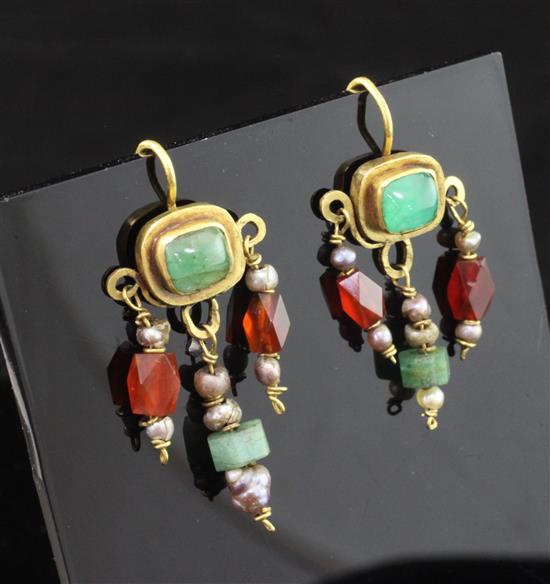 A pair of antique Roman style gold and gem set drop earrings, 1.5in.